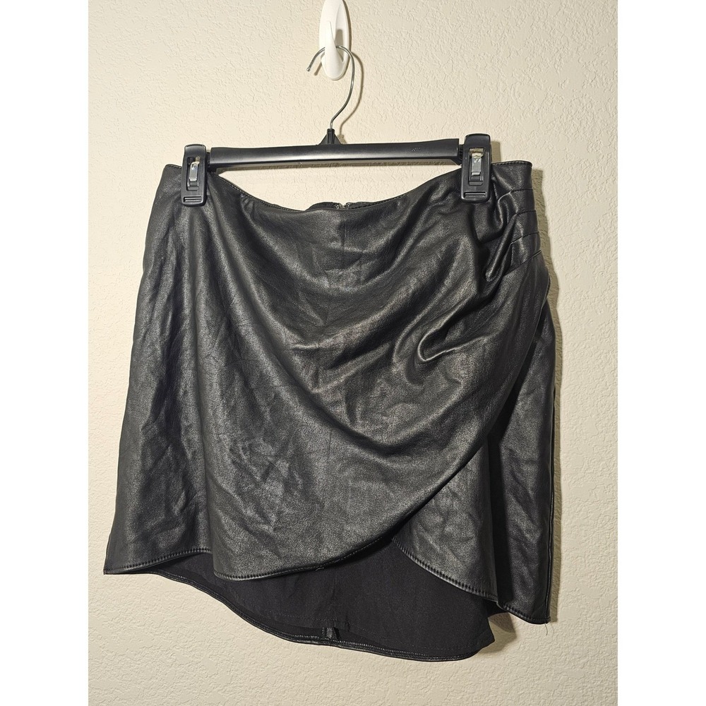 Black Faux Leather Draped Tulip Mini Skirt High Waisted Wrap Front Vegan Goth L